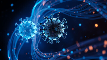 High-resolution digital illustration of virus particles with detailed surface structures and surrounding dynamic light effects, emphasizing microscopic biology and infectious disease themes