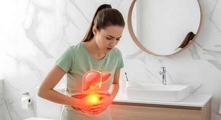 Pained woman clutches abdomen under glowing liver art with marble walls and bright lighting the sink reflects the