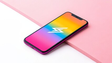 Smartphone with Gradient Logo on Pink Background Radiating Energetic Tech Vibes