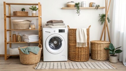 Laundry Room with Front-Loader and Wicker Accents Framing Minimalist Comfort