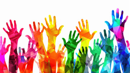 Hands Reaching Upward, Symbolizing Community, Unity, Diversity, Celebration, and Positive Energy in Vibrant Hues and Patterns