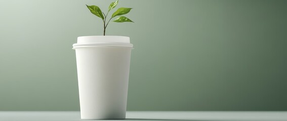 White cup against a green background illustrating the concept of sustainability and environmental awareness