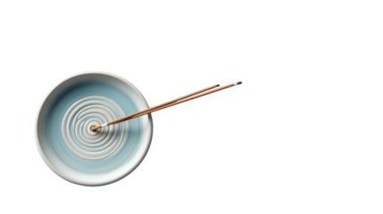 Flat lay of minimalist ceramic incense holder with smoke effect, zen wellness item, PNG