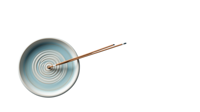 Flat lay of minimalist ceramic incense holder with smoke effect, zen wellness item, PNG