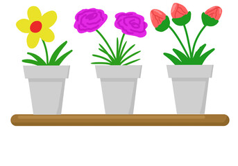 Three Potted Flowers on Shelf: Yellow, Purple, Red Buds