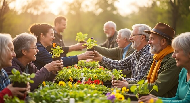 Group of diverse people, mostly seniors, exchanging potted plants at an outdoor gardening event.