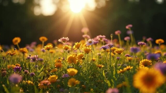 Bright, colorful spring flowers like marigolds, daisies, and other wildflowers bloom beautifully in a sunny meadow at dawn