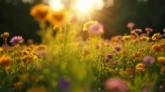 4K Stock Video Vibrant Wildflower Meadow Sunset