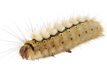 A close-up of a hairy caterpillar with a white and brown body. The caterpillar has distinct black spots and long, fine hairs. It is isolated on a transparent background.