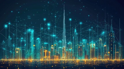 Fototapeta premium Digital cityscape illuminated by glowing connections.