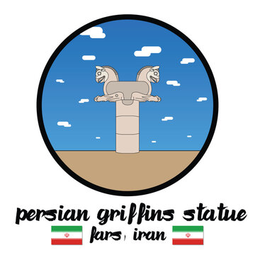 Circle Icon Persian Griffins Statue. Vector illustration