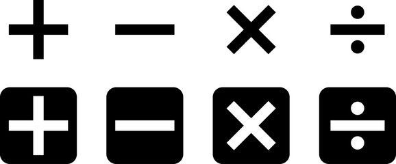 Basic mathematical symbol. Plus, minus, multiply, divide icon set. Plus and minus icon set. Math symbol. Plus icon, Minus icon, Multiply icon, Divide icon.