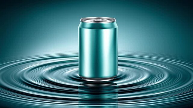 A light blue aluminum beverage can floats on the surface of clear, rippling water, reflecting sunlight and creating a serene aquatic scene.