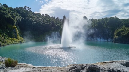 Geothermal fountain erupting into a turquoise lake.
