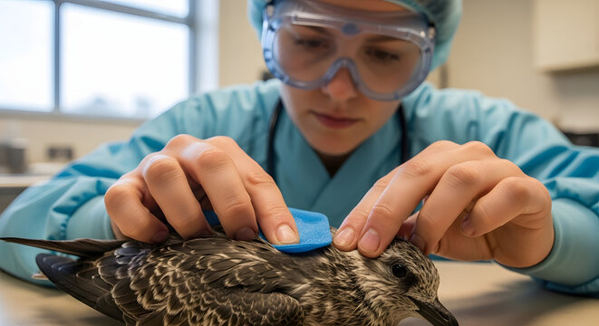 woman volunteer treating a bird in pain