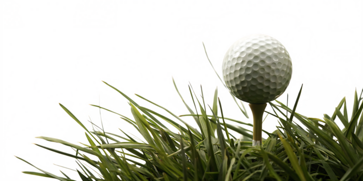 White golf ball on tee in green grass isolated on a transparent background