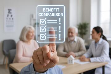 Benefit comparison retirement life insurance concept with elderly couple and advisor discussing future plans for secure life