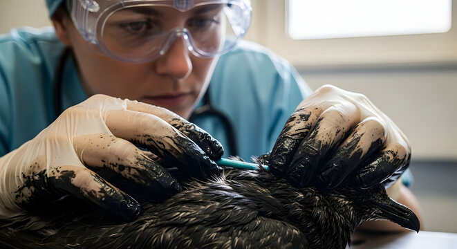 woman volunteer treating a bird in pain