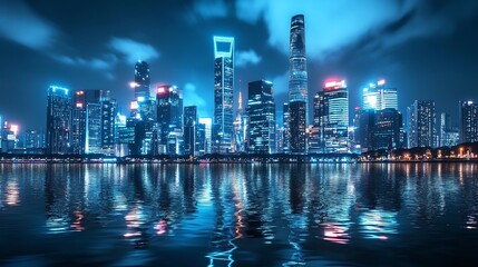 A vibrant city skyline at night reflecting on water.