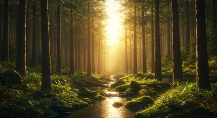 Fototapeta premium Sunlit Path Through Misty Forest, Magical Stream