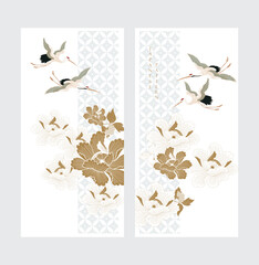 Japanese background with crane birds vector. Peony flower elements. Geometric pattern in vintage style. Invitation card design.