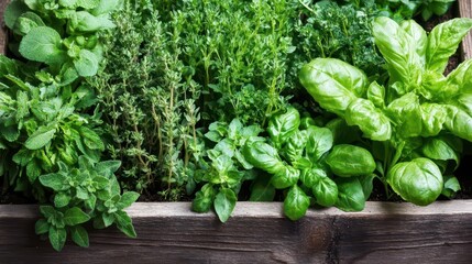 Obraz premium A wooden planter filled with various fresh herbs and leafy greens.