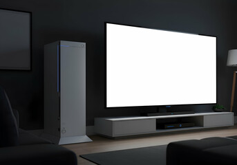 Fototapeta premium Modern home theater with gray furniture and lighting. Perfect for electronics or decor ads, showcasing sleek setups.