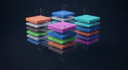 Deep learning algorithm structure visualized in abstract 3D cube layers, floating in dark space