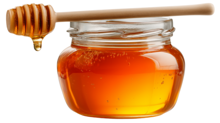 Transparent jar of honey with a honey dipper inside, soft light reflection, isolated PNG