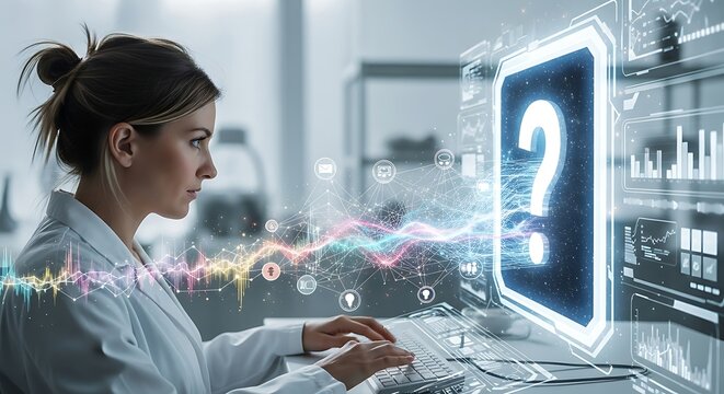 A woman in a lab coat types at a computer displaying a question mark and data visualizations.