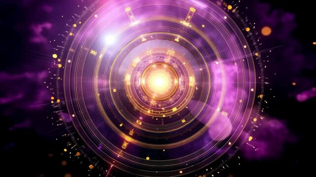 A purple and gold circular background with a light in the middle