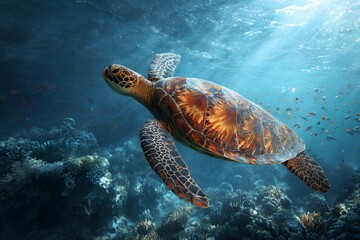 Obraz premium Turtle and Fish in Tropical Reef Environment