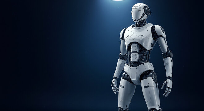 A futuristic humanoid robot stands ready symbolizing innovation and a glimpse into tomorrow s technology with smooth - Powered by Adobe