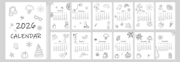 2026 calendar design. Doodle calendar planner minimal style, annual organizer. 