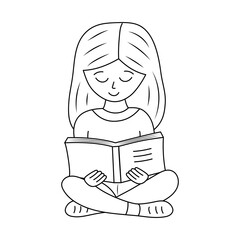 Girl sitting and reading book. Doodle line vector illustration