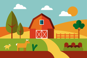 Fototapeta premium Rural landscape illustration of a country house with trees and sky, a charming village home design