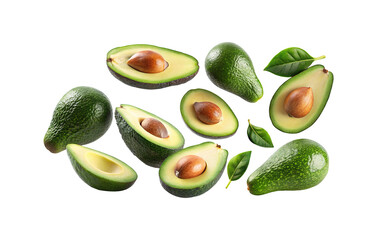 Fresh and Vibrant Assortment of Avocado Halves and Whole Avocados Isolated
