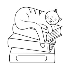 Cat sleeping on stack of books. Doodle line vector illustration