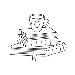 Mug with heart on a stack of books. Doodle line vector illustration