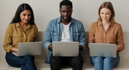 Group of diverse people working on laptops sitting on sofa