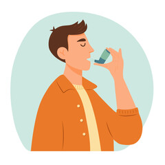 Man with asthma using an inhaler, asthma spray in his hand. World asthma day. Bronchial asthma. Allergy, asthmatic. Inhalation drug. Vector cartoon flat illustration