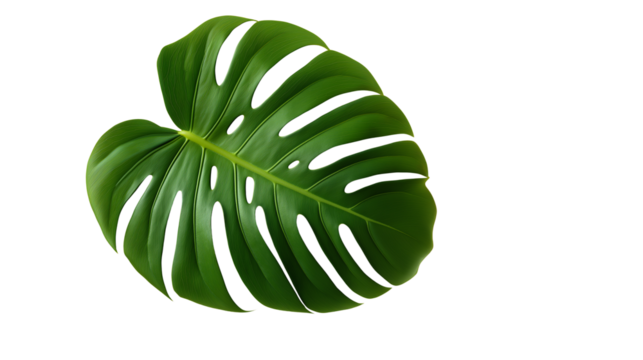 Single monstera leaf with shadow, tropical vibe, isolated on white background, PNG format
