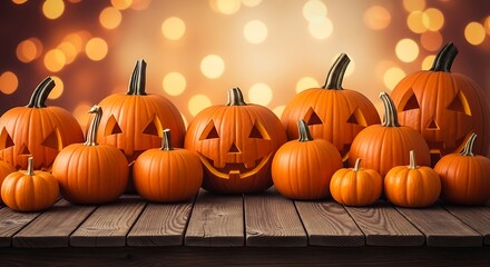 Halloween Pumpkins: A collection of intricately carved pumpkins sit atop a rustic wooden surface, radiating warmth in the festive season. capturing the spooky holiday celebration and joyous vibes.