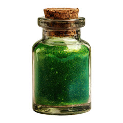 Decorative glass bottle filled with sparkling green glitter against a white background