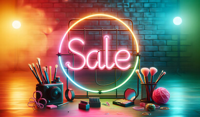LED Schild mit dem Text "SALE" auf farbigen, beleuchteten Hintergrund, copy space