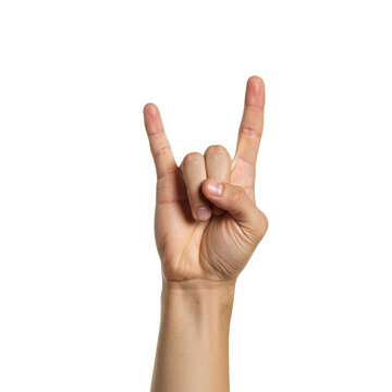 A human hand making rock and roll devil horns gesture expressing energy and excitement