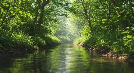 Fototapeta premium Serene River Pathway Through Lush Green Forest