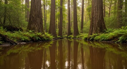 Obraz premium Majestic Redwood Trees Reflecting in Still Water