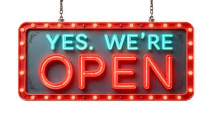 Retro-inspired YES, WE’RE OPEN diner sign with red marquee bulb frame and teal cursive script — perfect for vintage cafes, classic diners, or nostalgic storefront displays