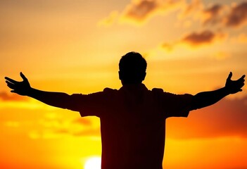 Fototapeta premium Silhouette of a male figure, arms outstretched, against a vibrant sunset, evening, peace